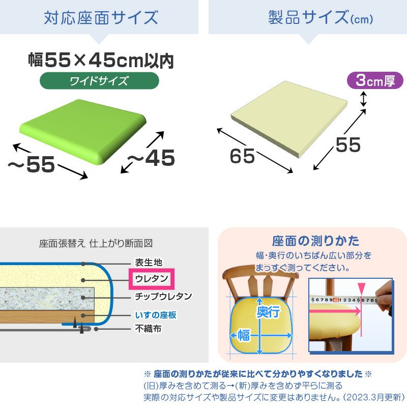 【ワイド版】椅子の張替え用ウレタン【3cm厚】／55x65cm